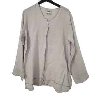 Flax‎ Linen Button Up Tunic Top M Biege Long Sleeve Coastal Lagenlook Resort